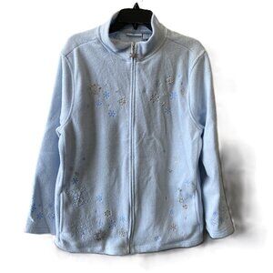 Fashion Classics Women’s L Light Blue Fleece Zip-Up Snowflake Beaded Embroidery